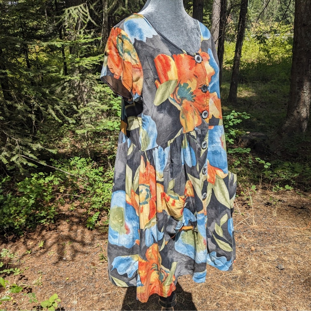 Vintage 90s Watercolor Floral Rayon Mini Dress M Button Front Babydoll Pockets - Picture 3 of 16
